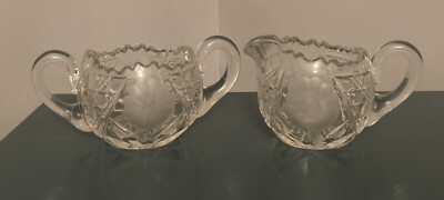 Vintage  Creamer And Sugar Bowl Etched & Cut Glass  Double Handle