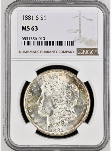 RARE 1881-S ALM. PROOF-LIKE  CRESCENT TONED MORGAN SILVER DOLLAR NGC CHOICE BU++