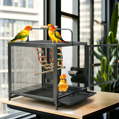 Large Wrought Iron Bird Travel Carrier Cage Parrot Cage with Handle Wooden Perch