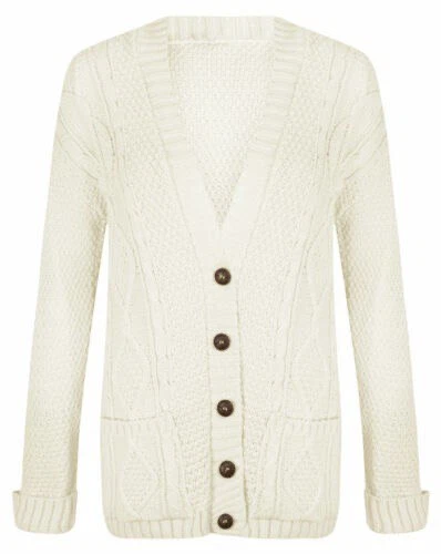Womens 5 Button Grandad Cardigan Ladies Chunky Cable Knit Long Sleeves UK 8-22 - Image 4 of 4