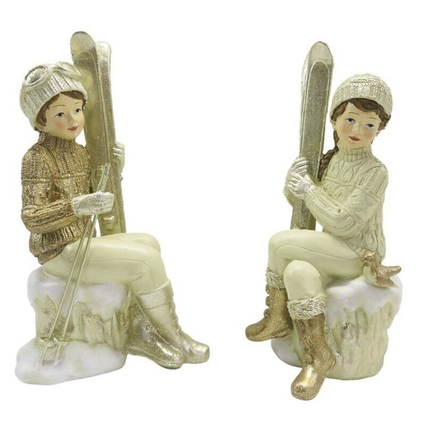 Clayre & Eef 2Er Set Figur Winterkinder 18 Cm Kinder Beige Polyresin Winterdeko-image