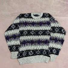 Vintage Abstract Knitted Jumper Patterned Grandad Chunky Knit Sweater Men's Xl