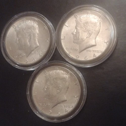 1964 Kennedy Half Dollar Silver Coins Lot of 3, circulated, 50C, 0.9 Fine