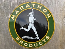 MARATHON porcelain sign advertising vintage garage 20" USA oil gasstation pump