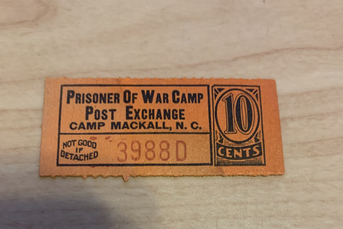 MILITARY TRADE TOKEN CHIT CAMP MACKALL POW PRISONER OF WAR PX NORTH CAROLINA NC