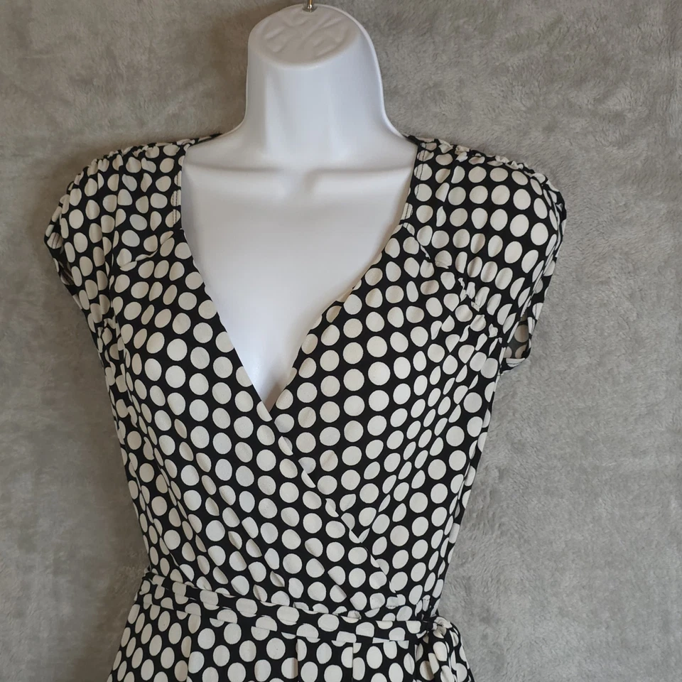 Vintage XOXO Polka Dot Faux Wrap Dress Black White Stretch Short Sleeve Sz S - Image 2 of 4