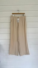 New ZARA Woman Beige Flowy Wide Leg Pants Trousers Elastic Waist Size XL 6818Z