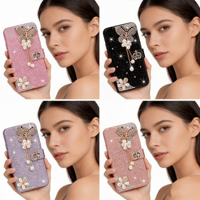 Bling Diamond Card Holder Wallet Flip Case for Samsung A16 A17 A56 S25 S26 Ultra