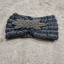 Charcoal Gray Chunky Knit Twisted Headband Beaded Applique Ear Warmer H55