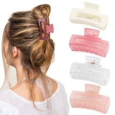 Canitor Hair Clips Set of 4: Pink Rectangular Acrylic Banana Non-Slip Medium Cla