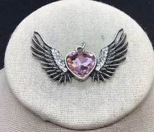 Silver Tone Pink Heart Cz & Clear Rhinestone Angel Wings Fashion Pendant G867
