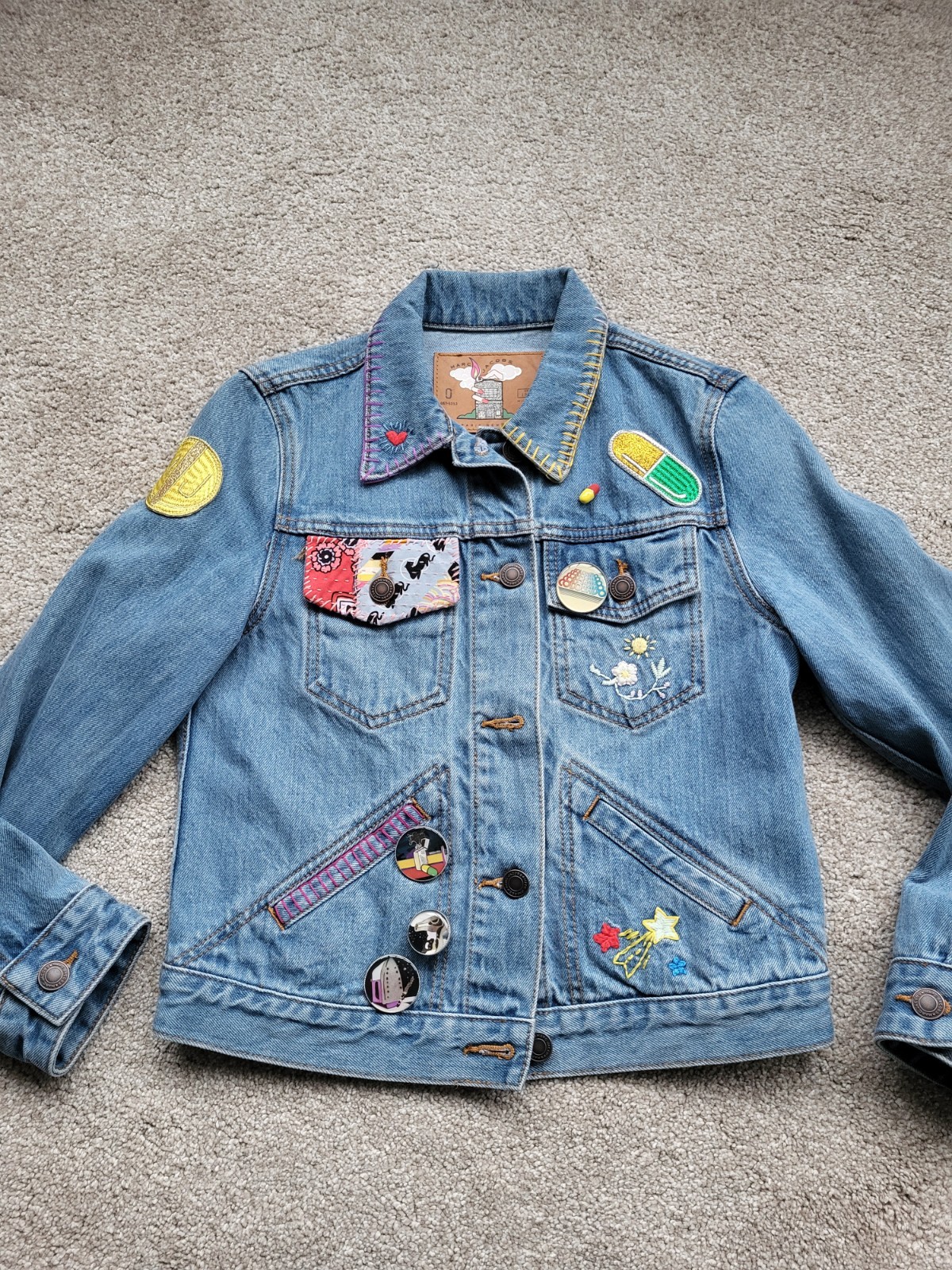 Marc Jacobs Demin Jacket Women's Small Blue Denim Patchwork Badges V.rare