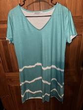 MISSLOOK Women Dress Large Teal White Wave Tie Dye V-Neck Short Sleeve Shift L