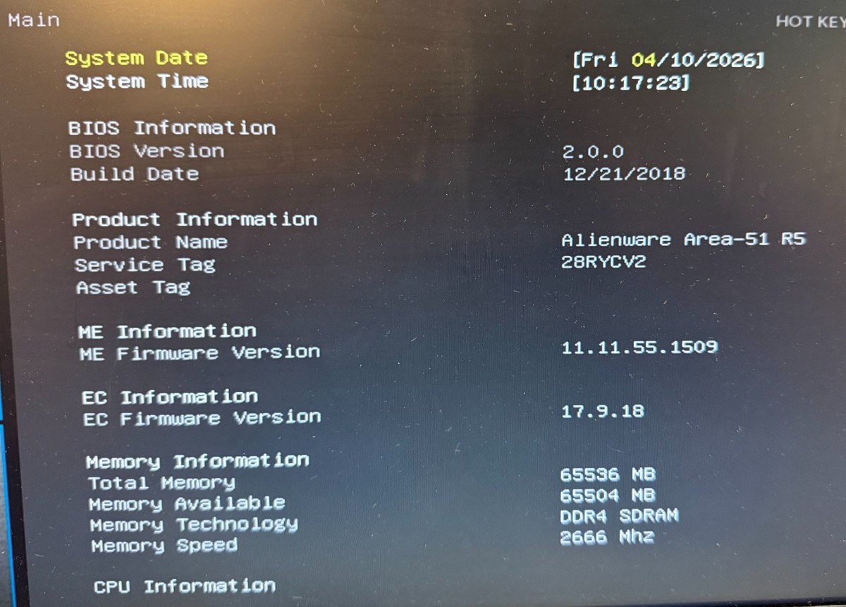 CPU Intel Core i9-10980Xe+Alienware MS-7A87 Dell Alienware Area 51 R4 MS-7A87 Intel i9-9940X CPU @ 3.30GHz