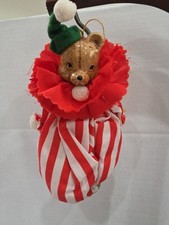 Vintage 80s Ceramic Bear Circus Clown Christmas Ornament 7" Red White Costume
