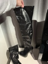 Black PU Thigh High High Heel Stiletto Platform Shoes 6.5" Size 10