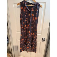 Sleeveless Floral Firework Print Midi Dress Charcoal Gray Orange High Neck L