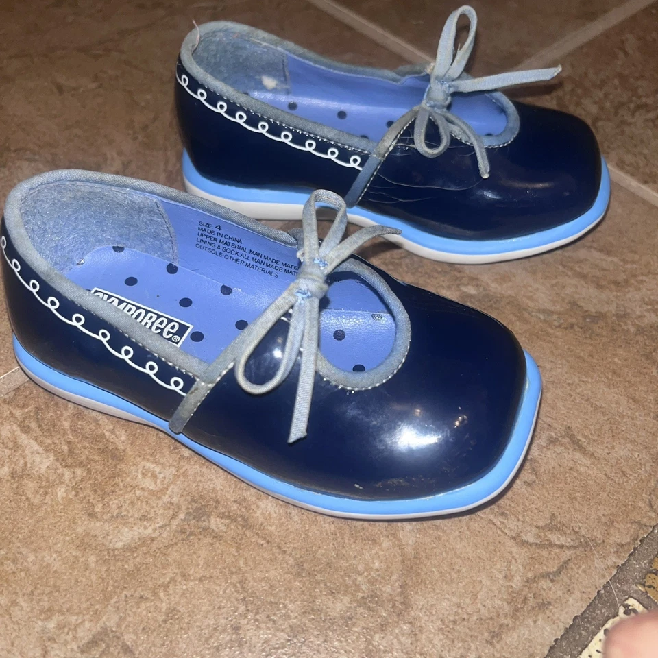 Sapatos femininos vintage para observação de baleias Gymboree azul couro envernizado arcos tamanho 4 - Imagem 3 de 4