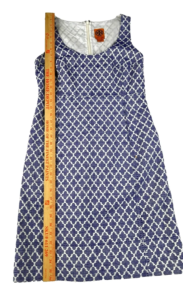 Vestido para mujer Tory Burch sin mangas azul blanco geométrico talla 8 Foto 3 de 4
