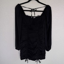 ASTR The Label Mardi Dress Womens Small Ruched Tie Mini Lace Trim Party Chic Blk