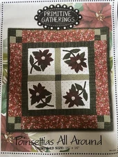 Poinsettias All Around Wool Appliqué Quilt By Primitive Gatherings. 16 X 16