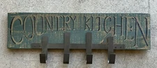 "Country Kitchen" Hangable Sign with 4 Hooks. Green Wood Sign.