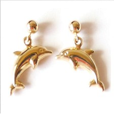 14K Solid Yellow Gold 3D Happy Dolphin Dangle Earring. Length: 1 1/4  E2451-26