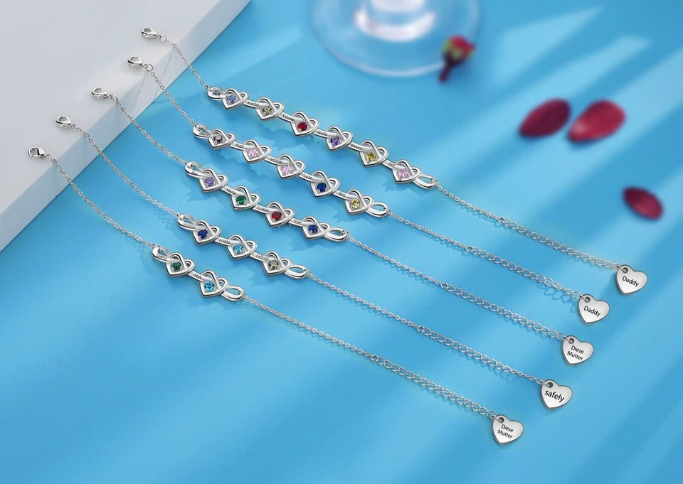 Pulsera Personalizada Grabada Corazones Unidos Día de la Madre Nombre y Piedra de Nacimiento ELECCIÓN Foto 2 de 4