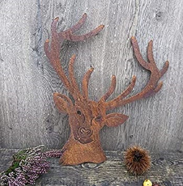 Hirschkopf 20 Cm Aus Metall In Edelrost Garten Baum Wald Deko Jagd Reh-image