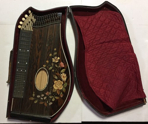 rare antique zither / autoharp hand made with case