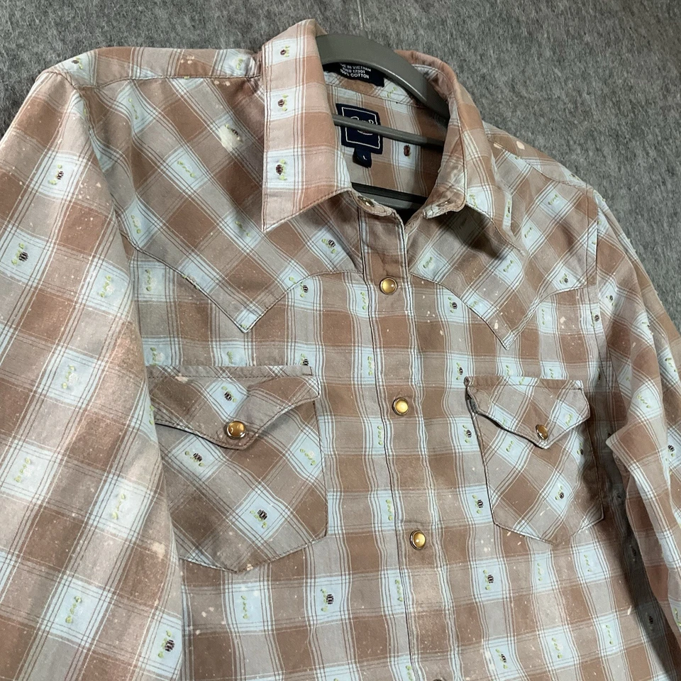 Upcycled Top Shirt Womens Large Brown Check Artsy Bleach Dye Western Cowgirl - Image 2 of 4