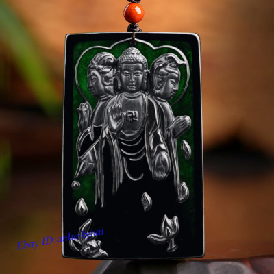 Natural Certified Black Jade Three Holy Buddha Carved Pendant Necklace Gift