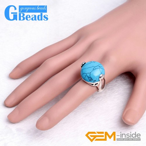 Ring 20mm Blue Sandstone Agate Button Stone Beads Tibetan Silver Fashion Jewelry - Picture 10 of 34