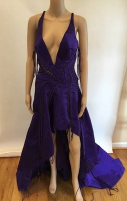 ROBERTO CAVALLI VINTAGE SEXY PLUNGING LACE UP HI LO GOWN sz it 40