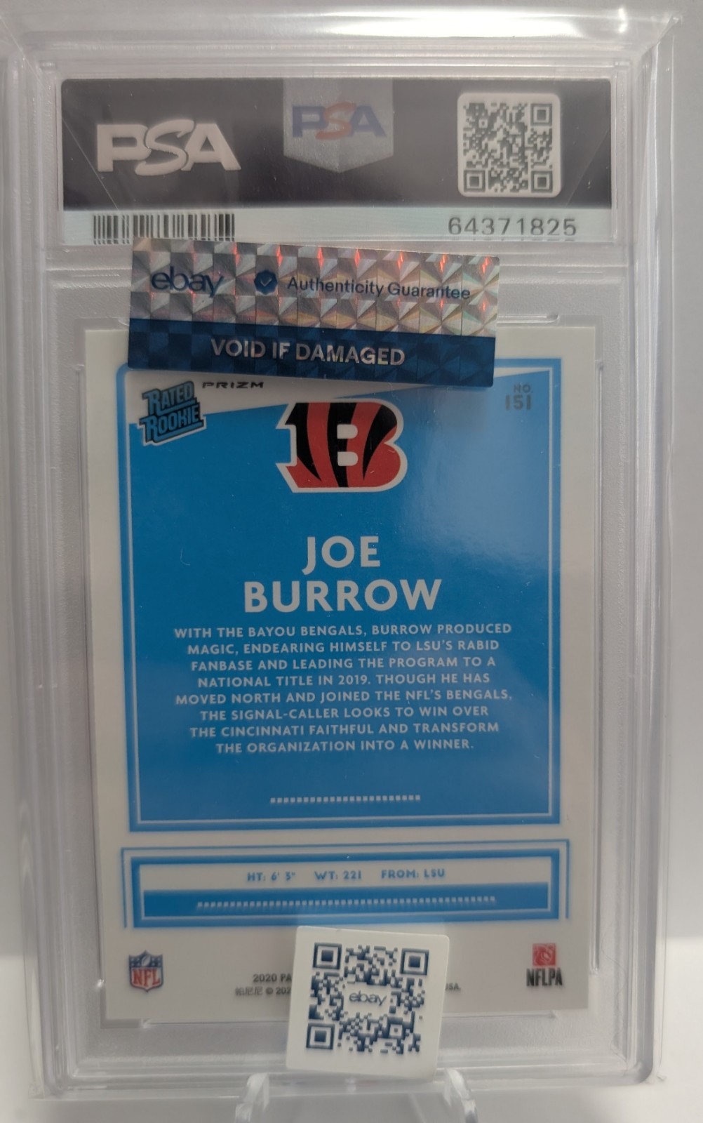 2020 Donruss Optic Joe Burrow Green Velocity Rated Rookie #151 PSA 10 view 2