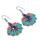 Lapis lazuli Turquoise Coral Earring Tibetan Vintage Nepali Jewelry 2.1" NE 5514