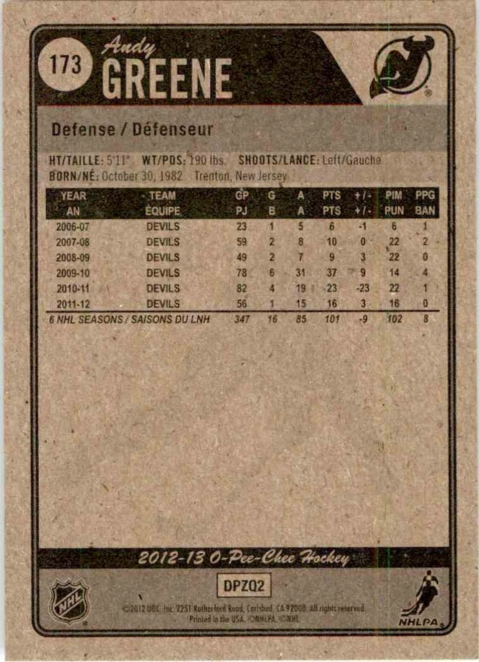 2012-13 O-Pee-Chee Andy Greene #173 - Image 2 of 2