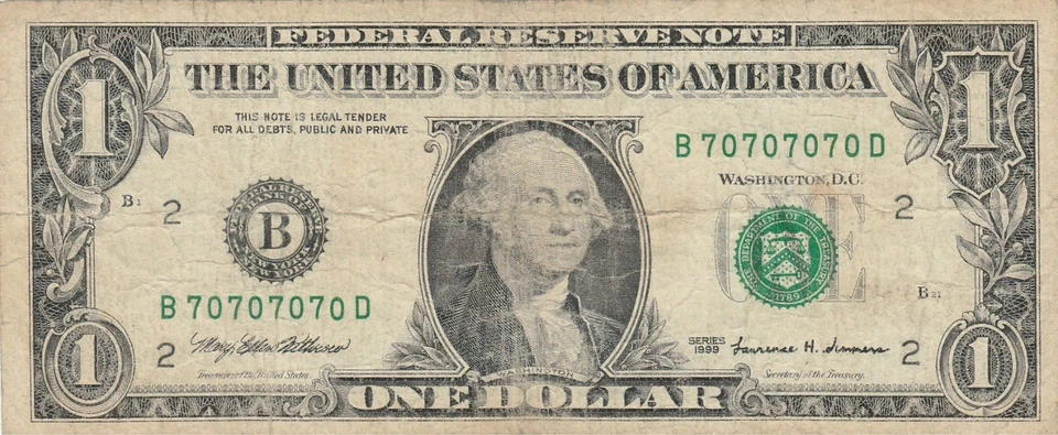 🔥🔥SUPER REPETIDOR BINARIO!!! | Billete de $1 de la Reserva Federal 1999 | B 707070 D🔥🔥 Foto 2 de 3