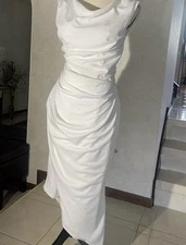 Elegant White Midi Dress with Lace Back & Draped Front – Formal Evening Cocktail
