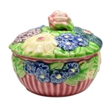 Vintage Hand Painted Floral Covered Trinket Dish Made in Japan Ceramic Flowers