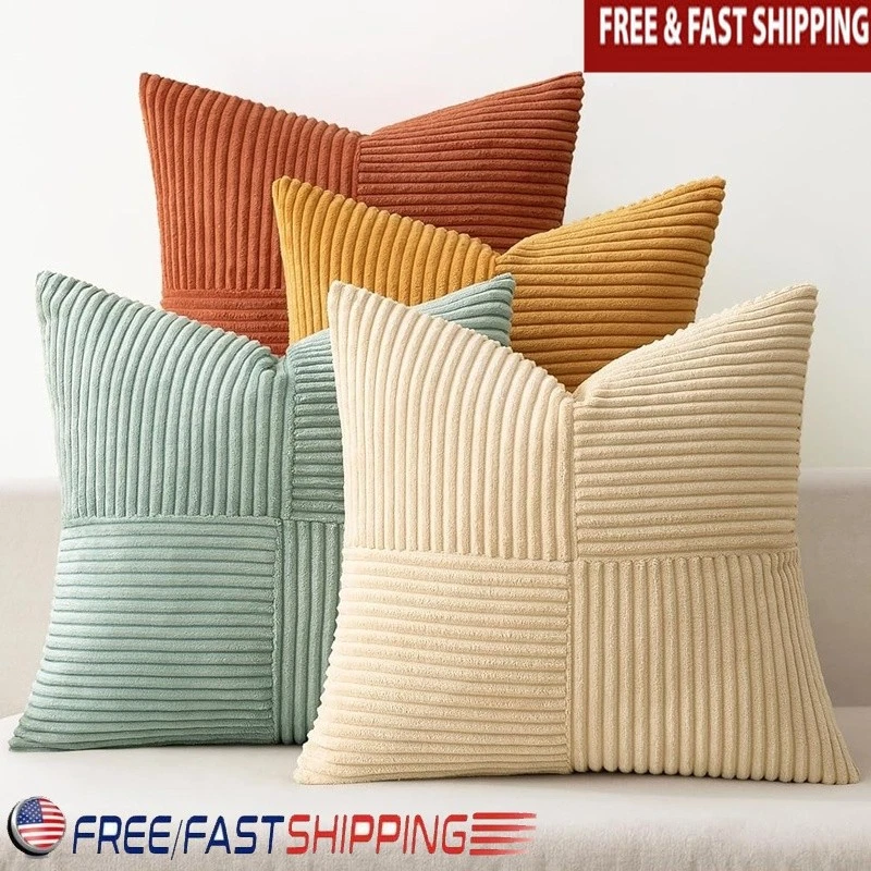 Corduroy Patchwork Pillow Covers Set Invisible Zipper Decorative