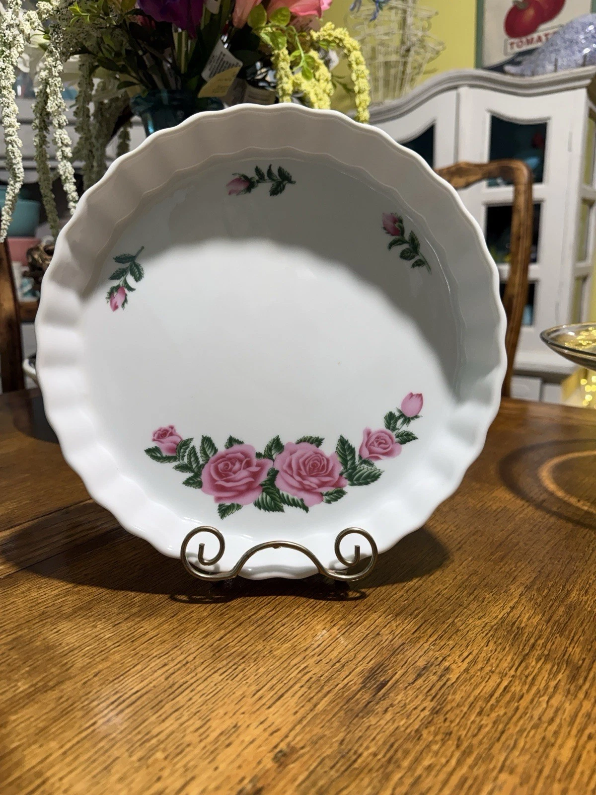 #Vintage~ Christineholm Porcelain Quiche Tart Pie Dish With A Pink Rose Pattern