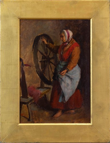 Expressive Antique Oil Painting, 19th Century | Woman at Spinning Wheel - Picture 2 of 12