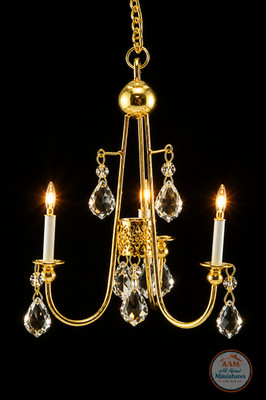 Dollhouse Miniature 3 Arm Crystal Chandelier Gold 12V Candle Style 1:12 Scale