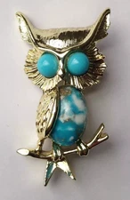 Vintage Gold Tone Owl Brooch Signed Emmons Faux Turquoise Glass Jelly Belly