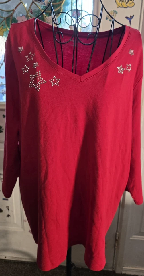 Women Studio Works Red Studded Top Shirt Stars 2X 3/4 Sleeve Vneck 100% Cotton - Image 4 of 4