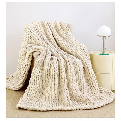 Chunky Knit Blanket Throw 51''X63'', 100% Hand Knit Chenille Throw Blanket  