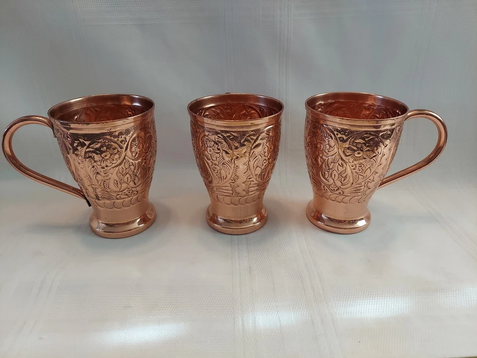 Set Of 3 Beautiful Used Kamojo Moscow Mule Copper Mugs Embossed (U15) - Image 2 of 4