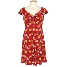 London Times Womens Dress 8 Red Floral Ruched Babydoll Fit Flare Casual Classic