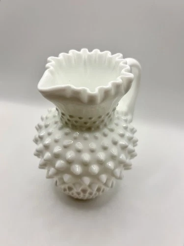 Vintage Fenton White Milk Glass 💙Hobnail Ruffled Rim Pitcher Handle Pinched